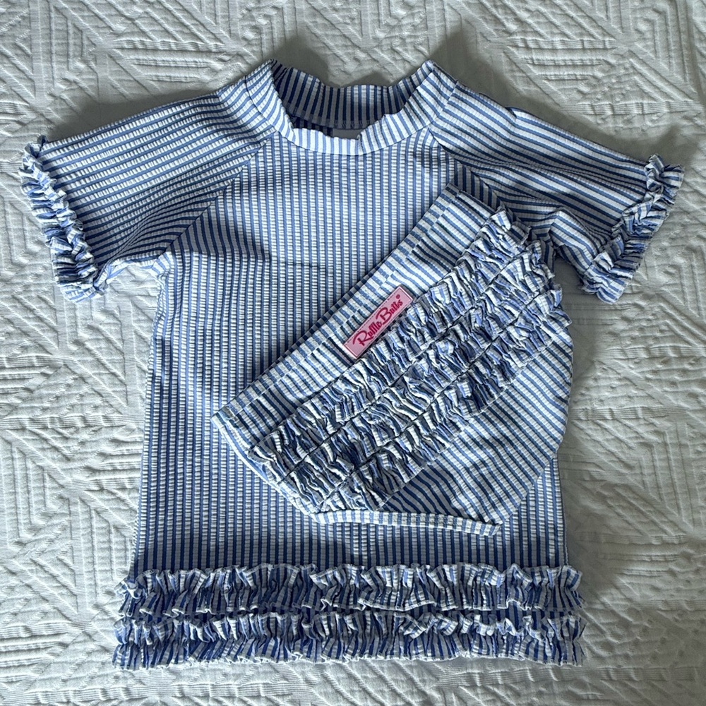 Ruffle Butts Blue & White Striped Girls Rash Guard Seersucker Two Piece Swimsuit